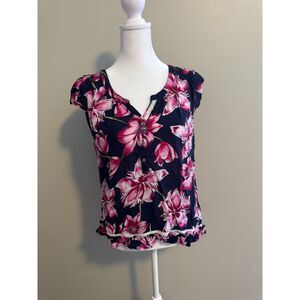 Eloise Anthropologie Navy Blue and Pink Floral Ruffle Blouse Size Medium